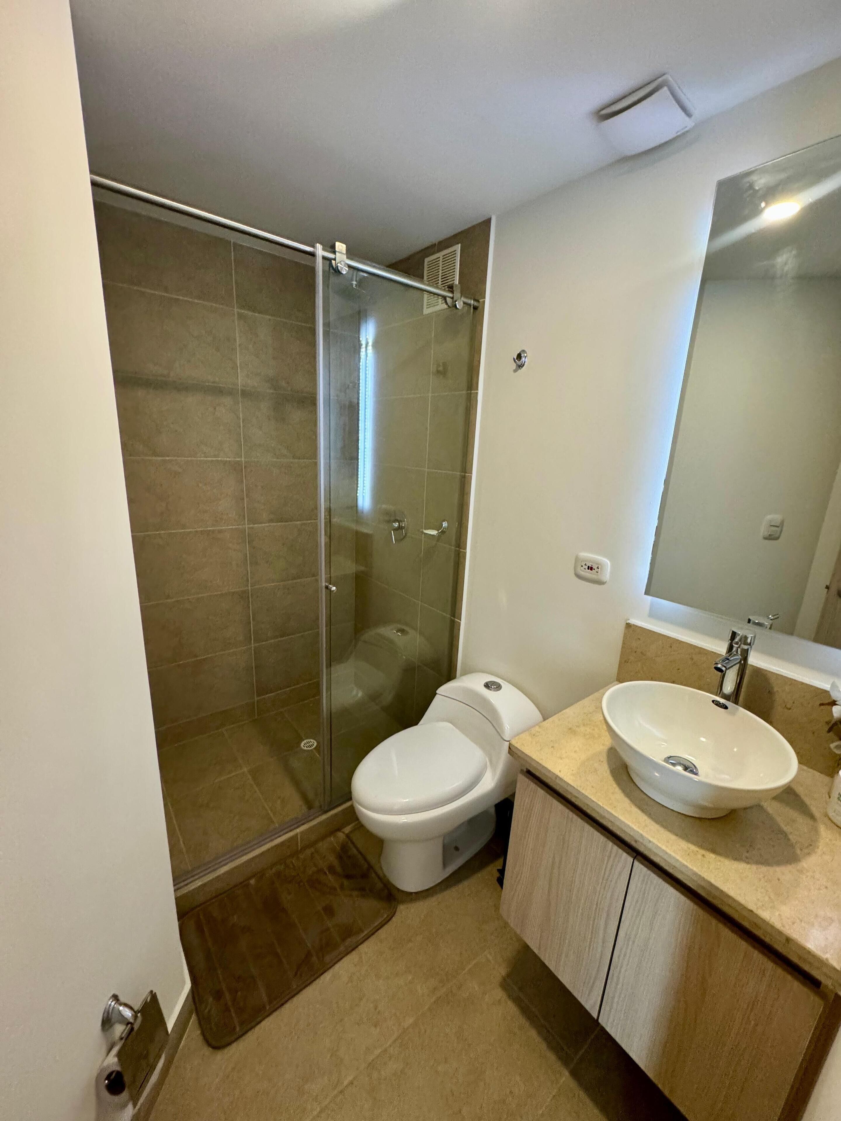 Een badkamer met een douche met glazen wand, een toilet en een wastafel met spiegel erboven.