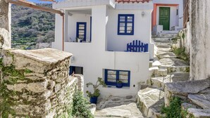 A white building with blue accents, stone steps, and a green door.