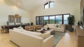 Smart TV, fireplace, books, stereo