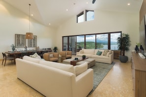 Smart TV, chimenea, libros, estéreo