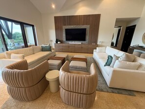 Smart-TV, Kamin, Bücher, Stereoanlage