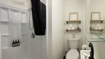 Hair dryer, towels, soap, toilet paper