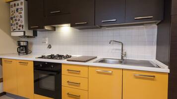 Fridge, oven, stovetop, cookware/dishes/utensils