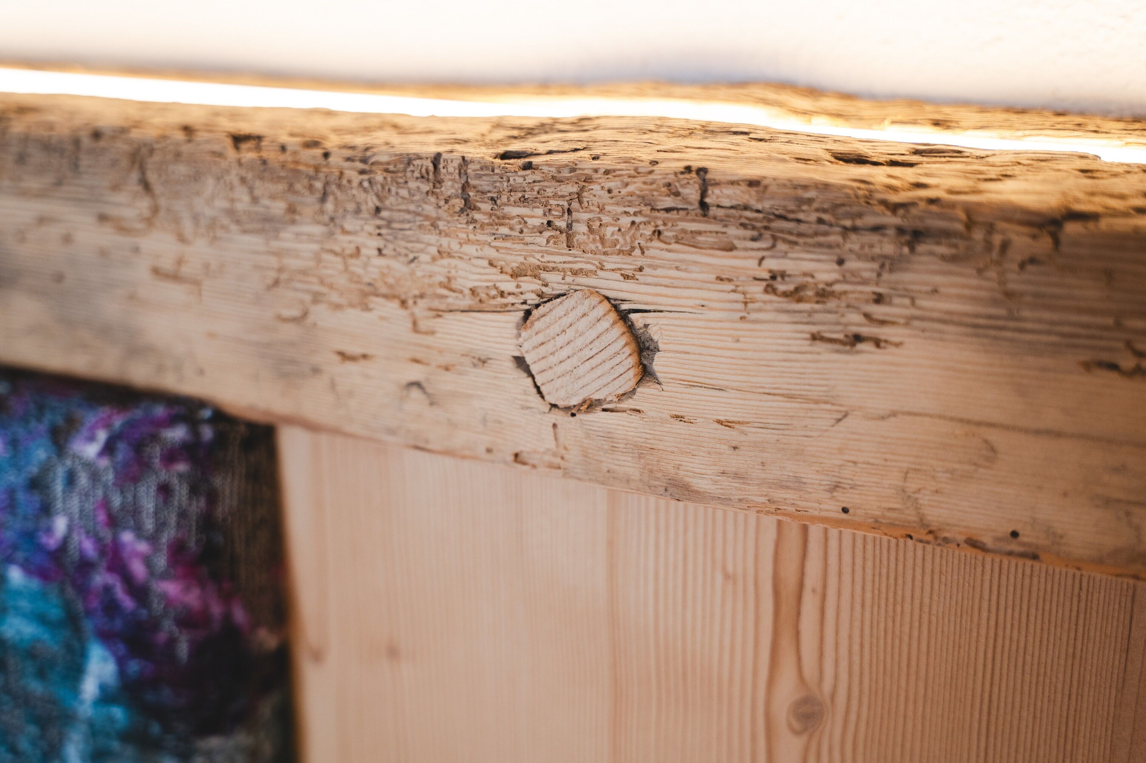 Gros plan sur une poutre en bois percée d’un trou circulaire, qui fait probablement partie de la structure d’un bâtiment.