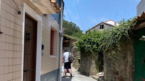 Un callejón estrecho con una persona caminando, edificios a ambos lados y una puerta verde a la derecha.