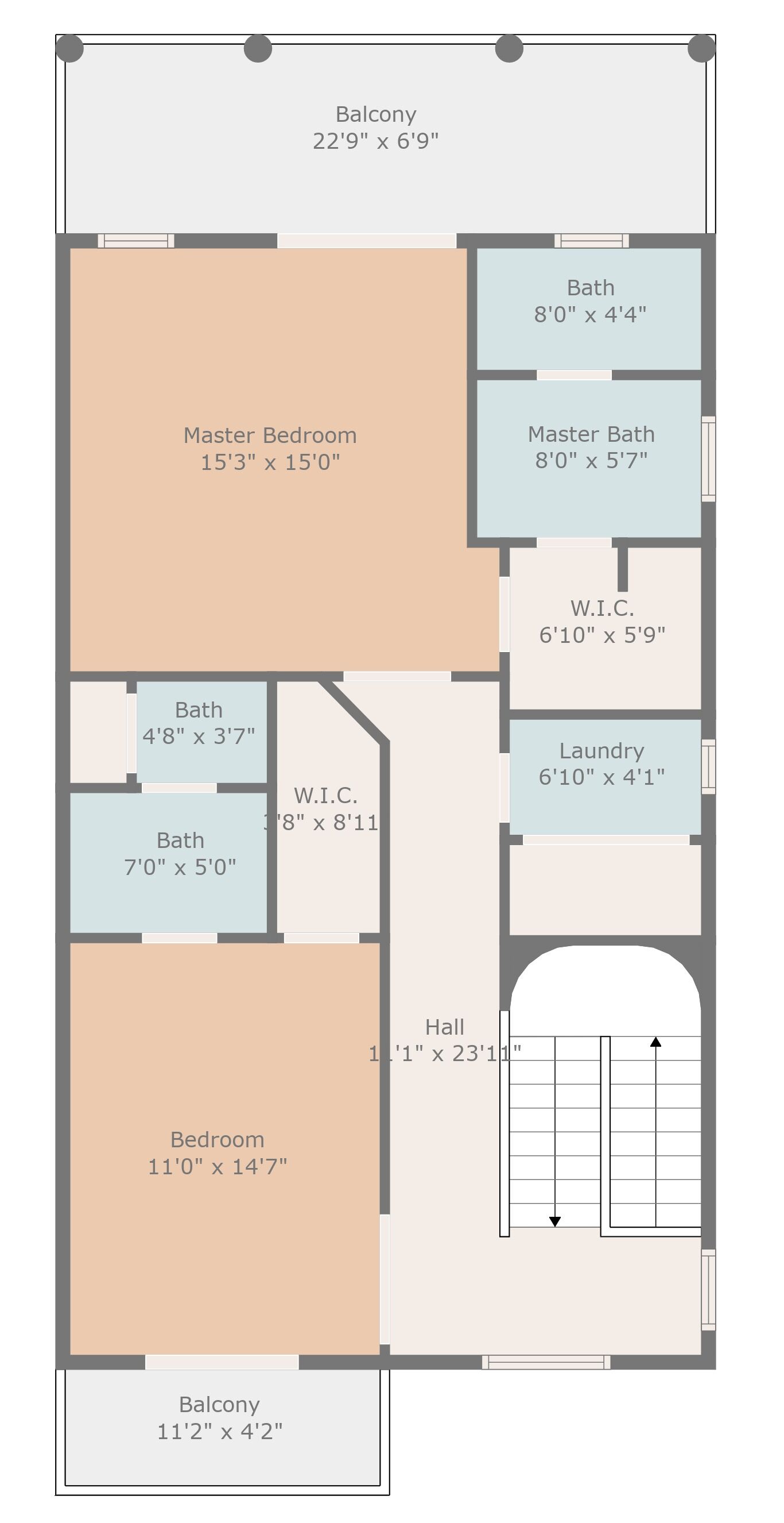 A floor plan of a hotel room with a balcony, master bedroom, master bathroom, two smaller bathrooms, a laundry room, a W.C., a bedroom, and a hall.