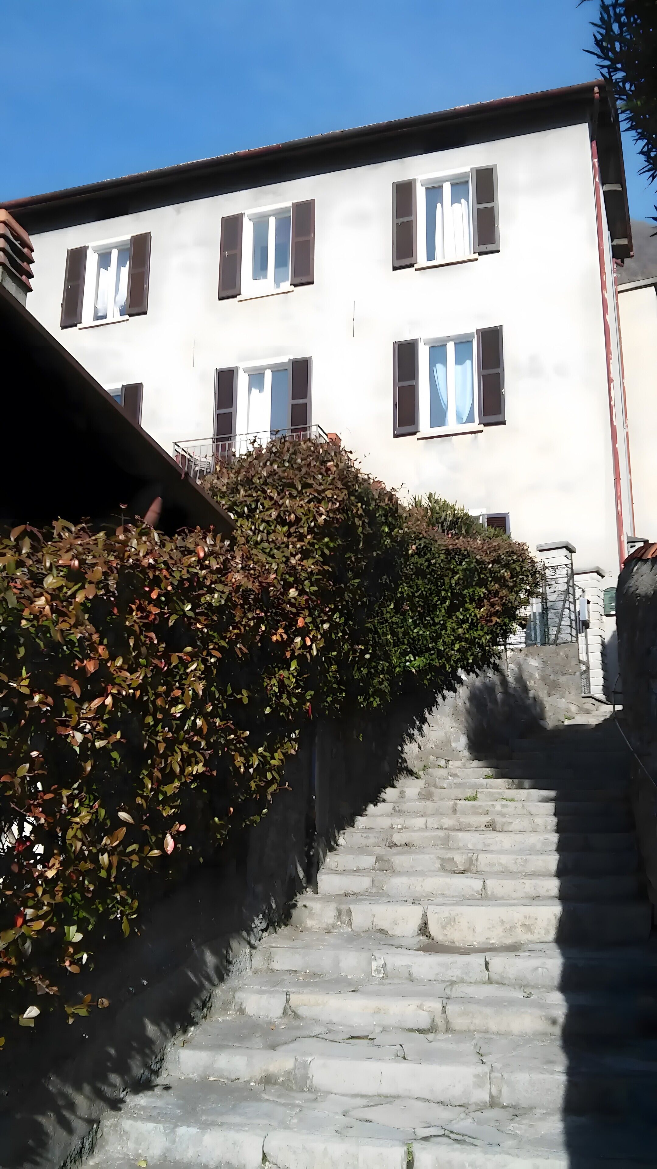 Un escalier menant à un bâtiment blanc doté de nombreuses fenêtres et d’un mur noir orné de feuillage.