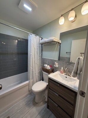 Hair dryer, towels, soap, toilet paper