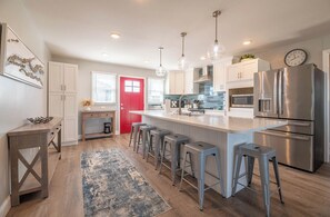 Fridge, microwave, oven, stovetop - Pinstripe Paradise-Kitty Hawk MP 5, Ocean View, 10 Yds to Beach, Pool, Hot Tub, Pets OK, Flex Stays (Kitty Hawk)