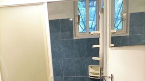 Une salle de bain avec une zone douche, des murs carrelés, une fenêtre et des toilettes.