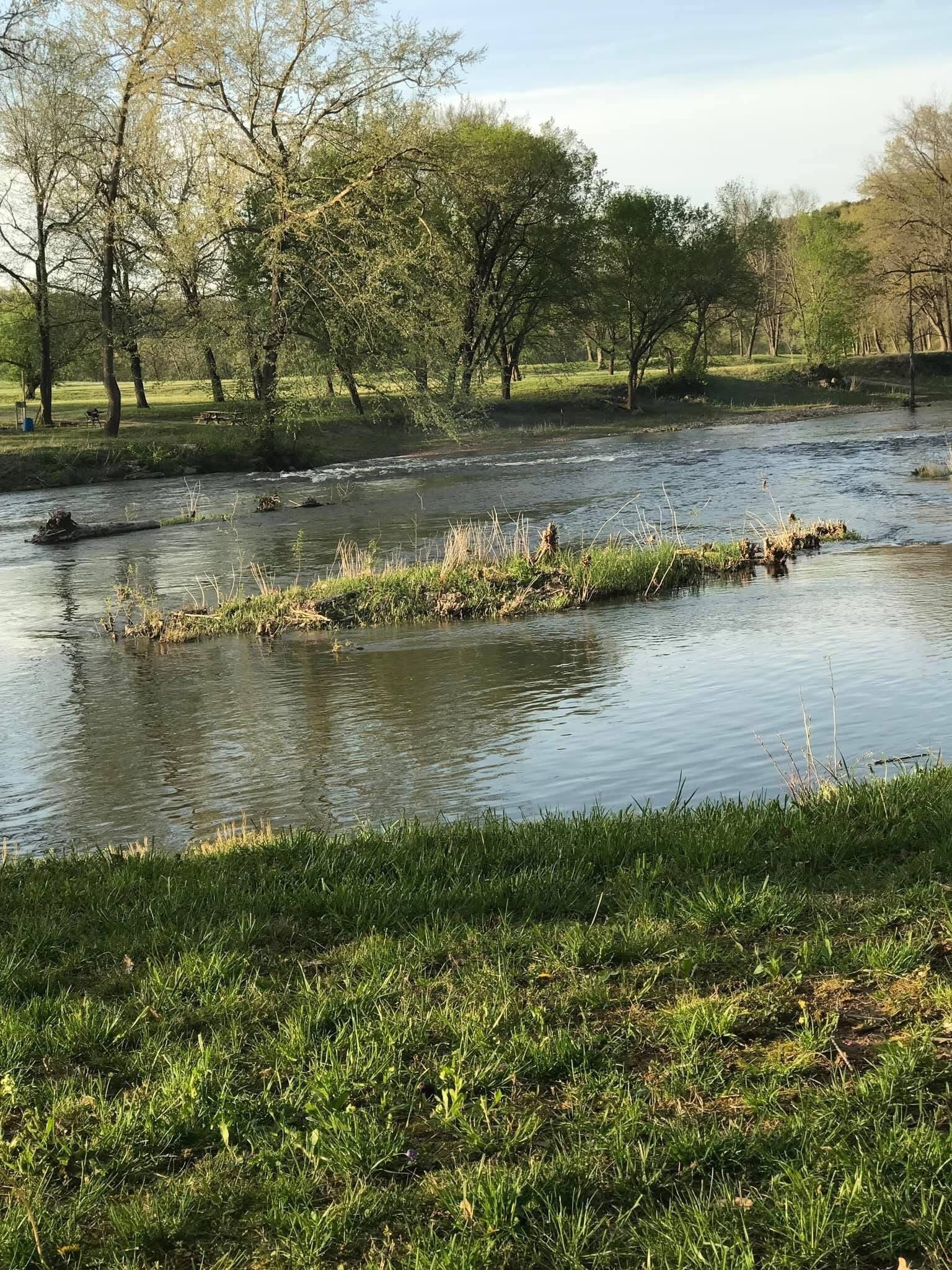 A river with grassy banks and trees in the background.