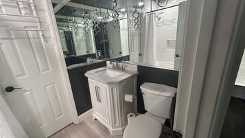 Shower, jetted tub, hair dryer, towels