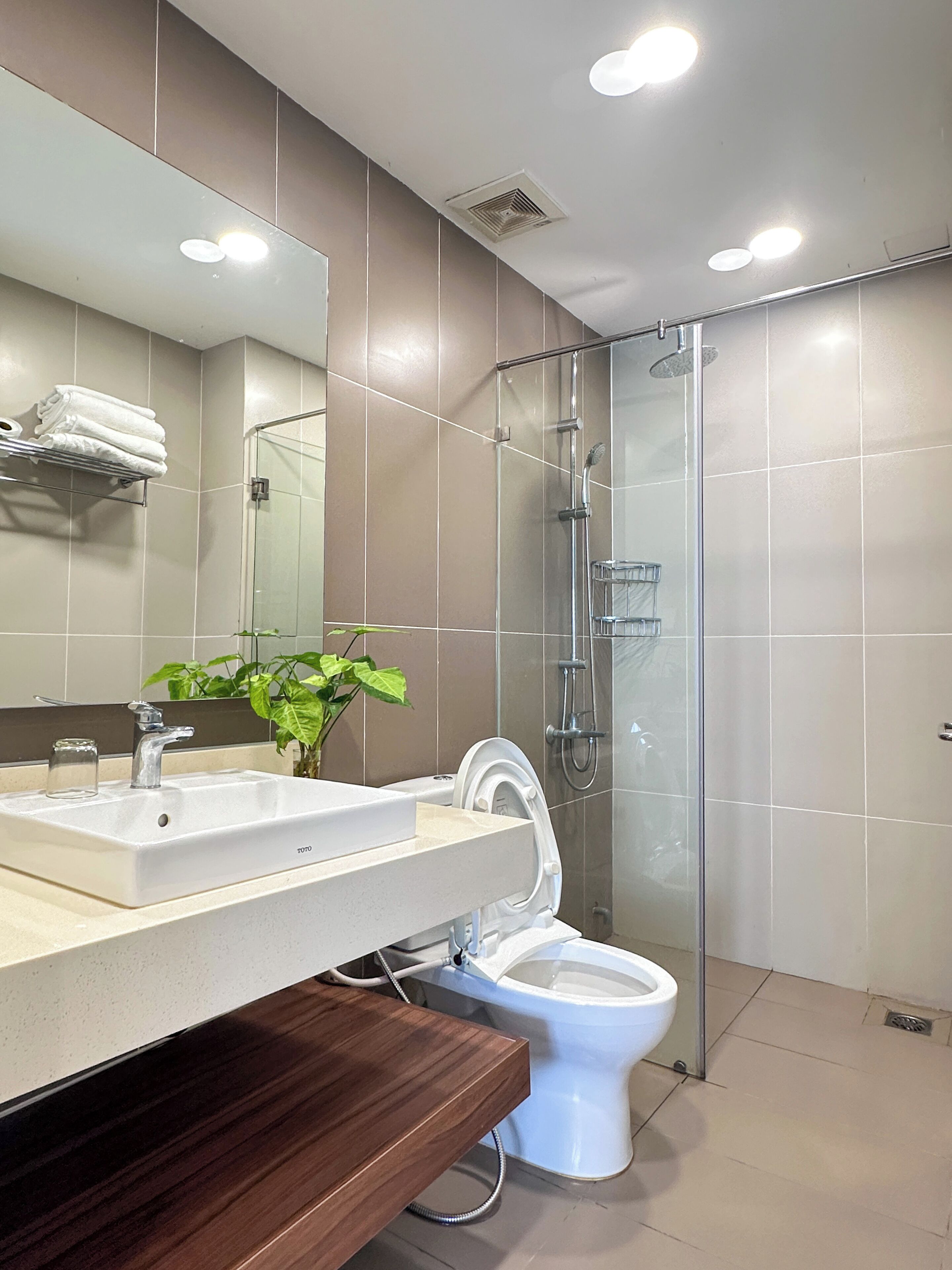 A modern bathroom with a glass-enclosed shower, a white toilet, and a sink with a mirror above it.