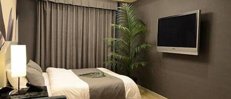 A hotel room with a bed, a TV, a plant, and a lamp.