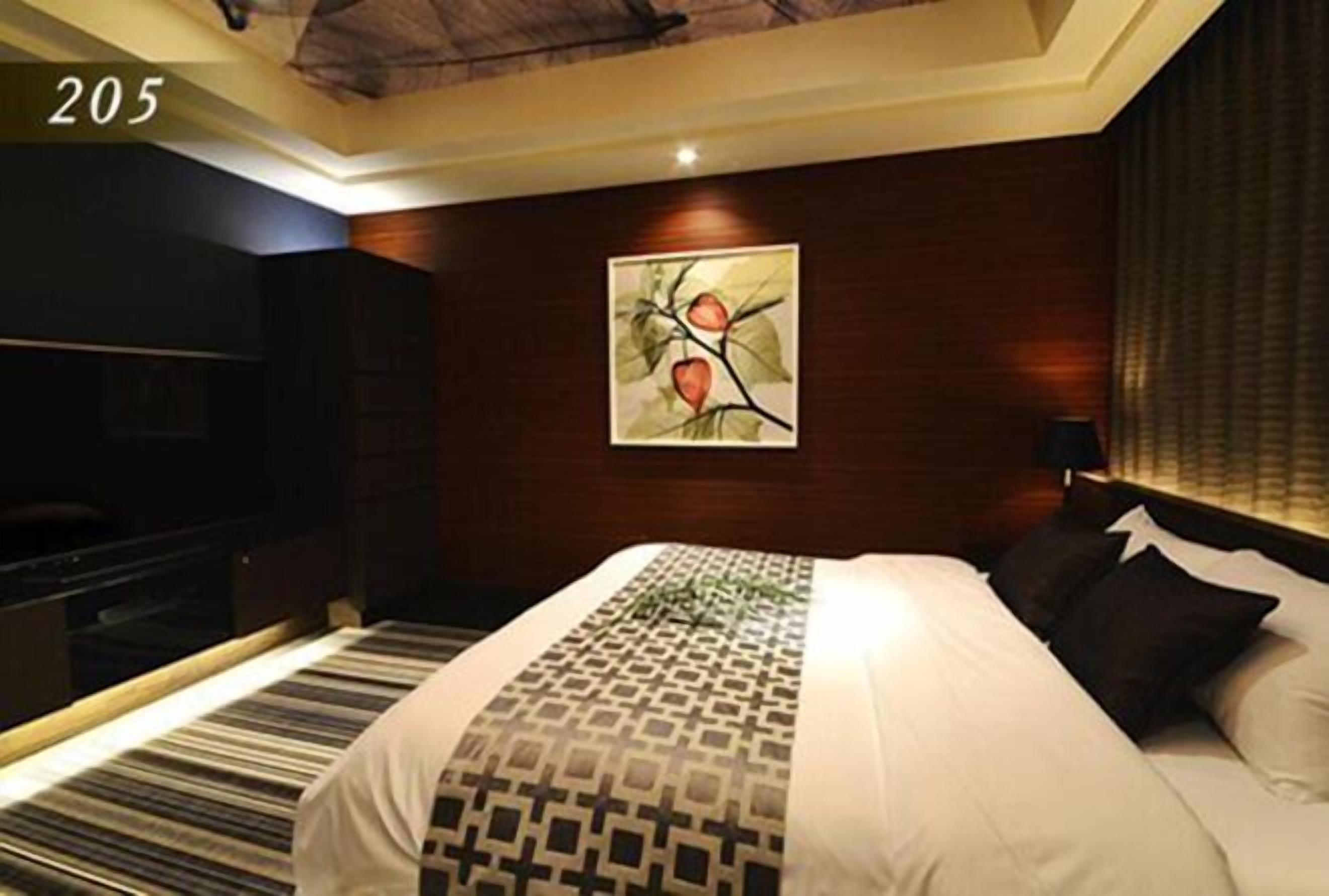 Una habitación de hotel con una cama grande, un cuadro en la pared y el número 205 a la vista.