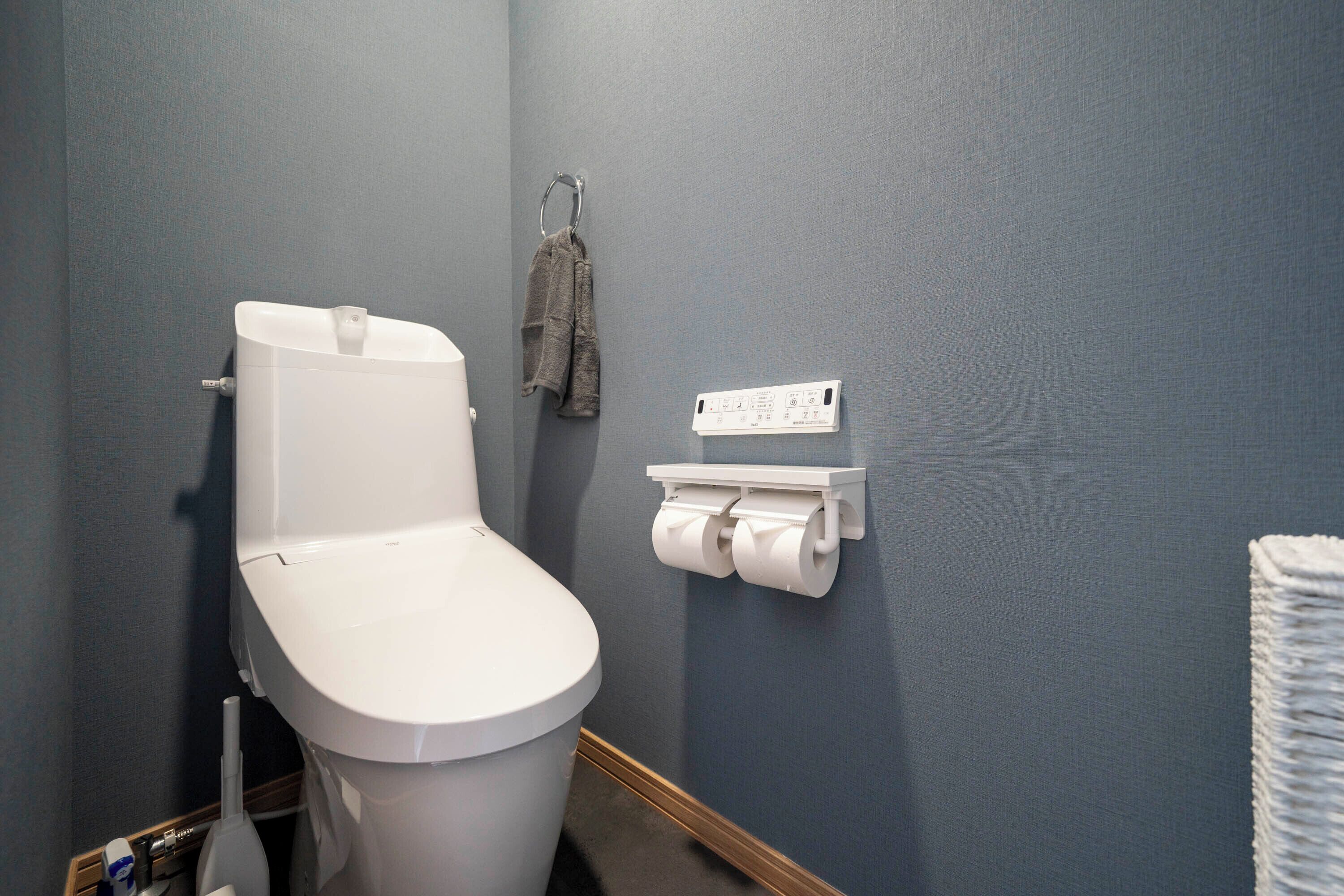 A bathroom with a white toilet, a towel rack, and a toilet paper holder.