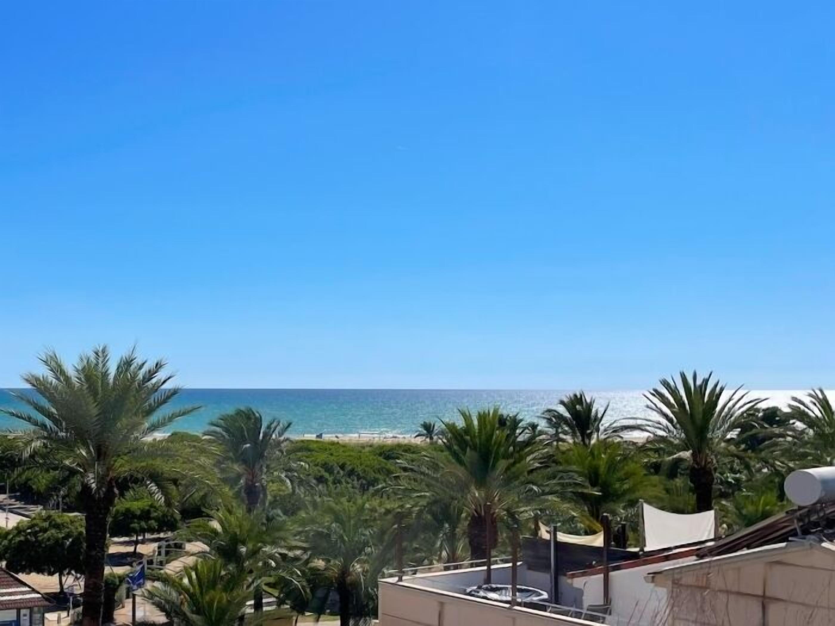 Terraço no telhado com vista para o mar e palmeiras.