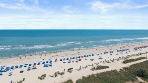 A beach with rows of umbrellas and beach chairs, a sandy shore, and the ocean.