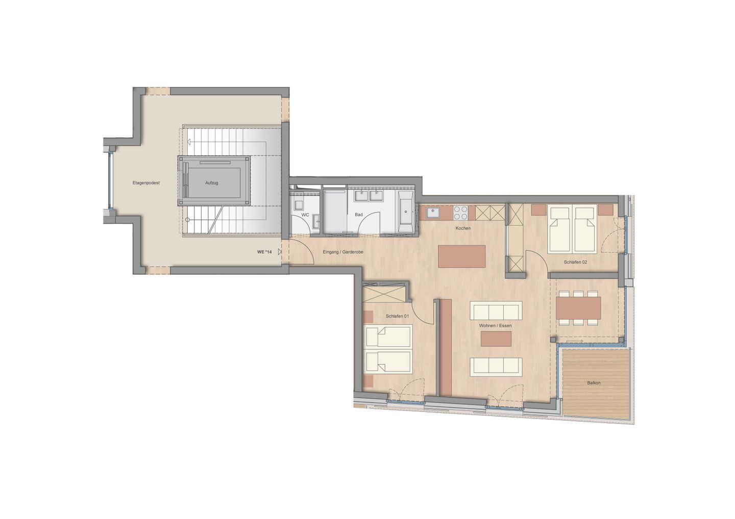 Plano de planta de un apartamento con varias habitaciones, que incluye cocina, dos dormitorios, baño, sala de estar y balcón.