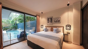 A modern bedroom with a large bed, a view of a swimming pool, and a sliding glass door to a balcony. - Twin Villas Drupadi 8Br Seminyak (Seminyak)