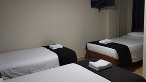 Una habitación de hotel con dos camas individuales, un televisor de pantalla plana montado en la pared y una lámpara en el techo.