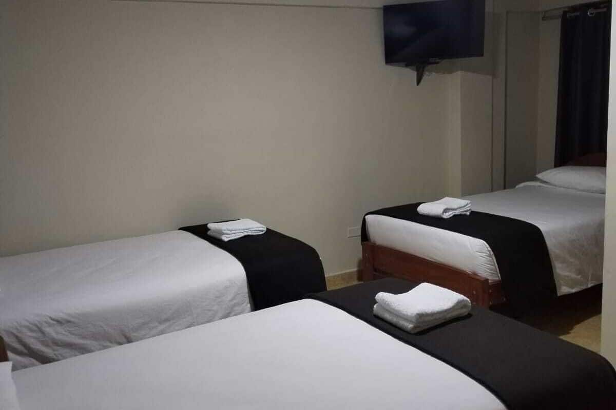 Une chambre d’hôtel avec deux lits simples, un téléviseur à écran plat fixé au mur et un luminaire au plafond.
