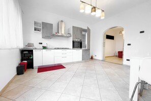 A modern kitchen with white cabinetry, a built-in oven, and a red rug on the floor.