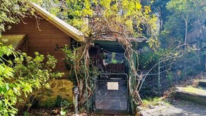 Un sentier de pierres mène à un chalet en bois doté d’une entrée abritée.