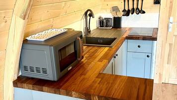 Grand réfrigérateur, micro-ondes, plaque de cuisson