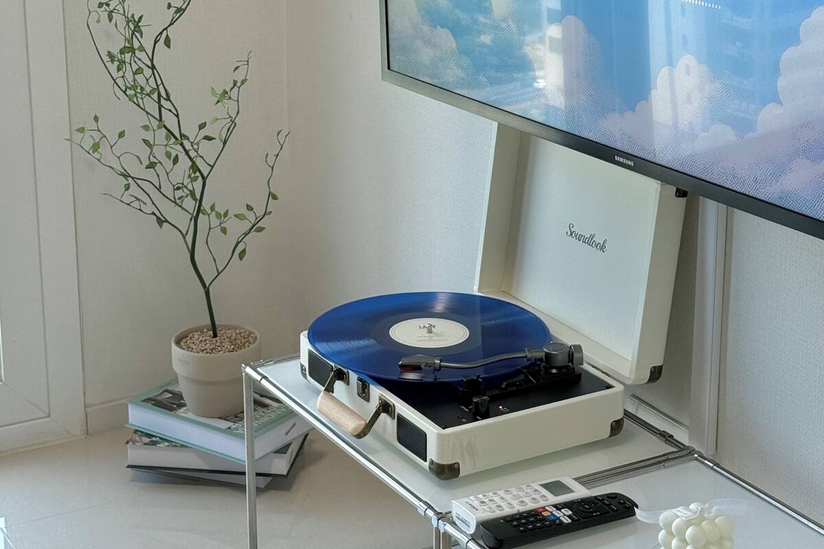 A modern living room with a flat-screen TV, a turntable, a small potted plant, and a glass coffee table.