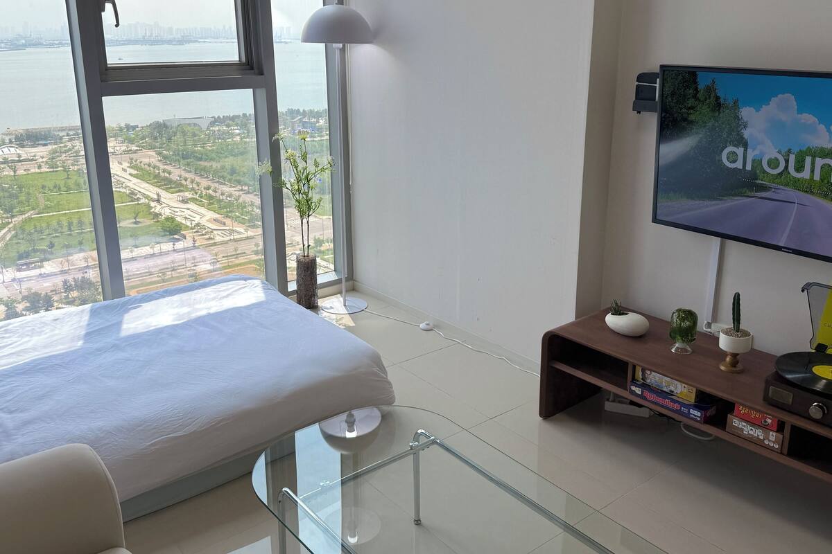 A hotel room with a bed, a TV, a plant, and a view of a cityscape.