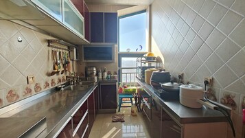 Fridge, oven, dishwasher, cookware/dishes/utensils