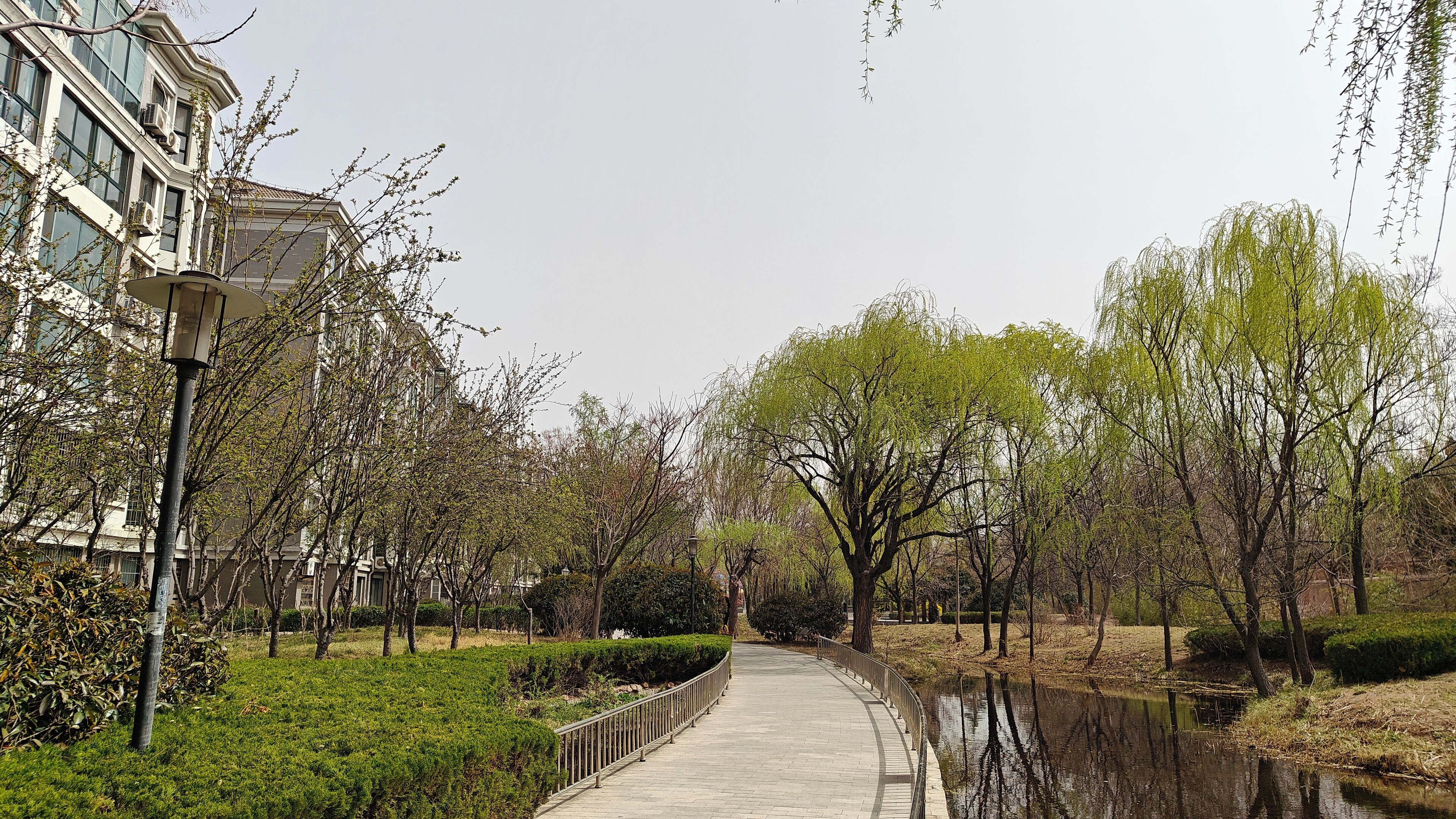 A pathway lined with trees and a water body, leading to a building with multiple windows and air conditioning units.