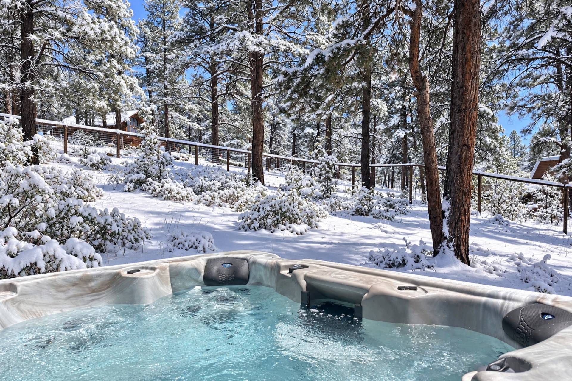 Un bain à remous entouré d’arbres couverts de neige et d’une clôture en bois.