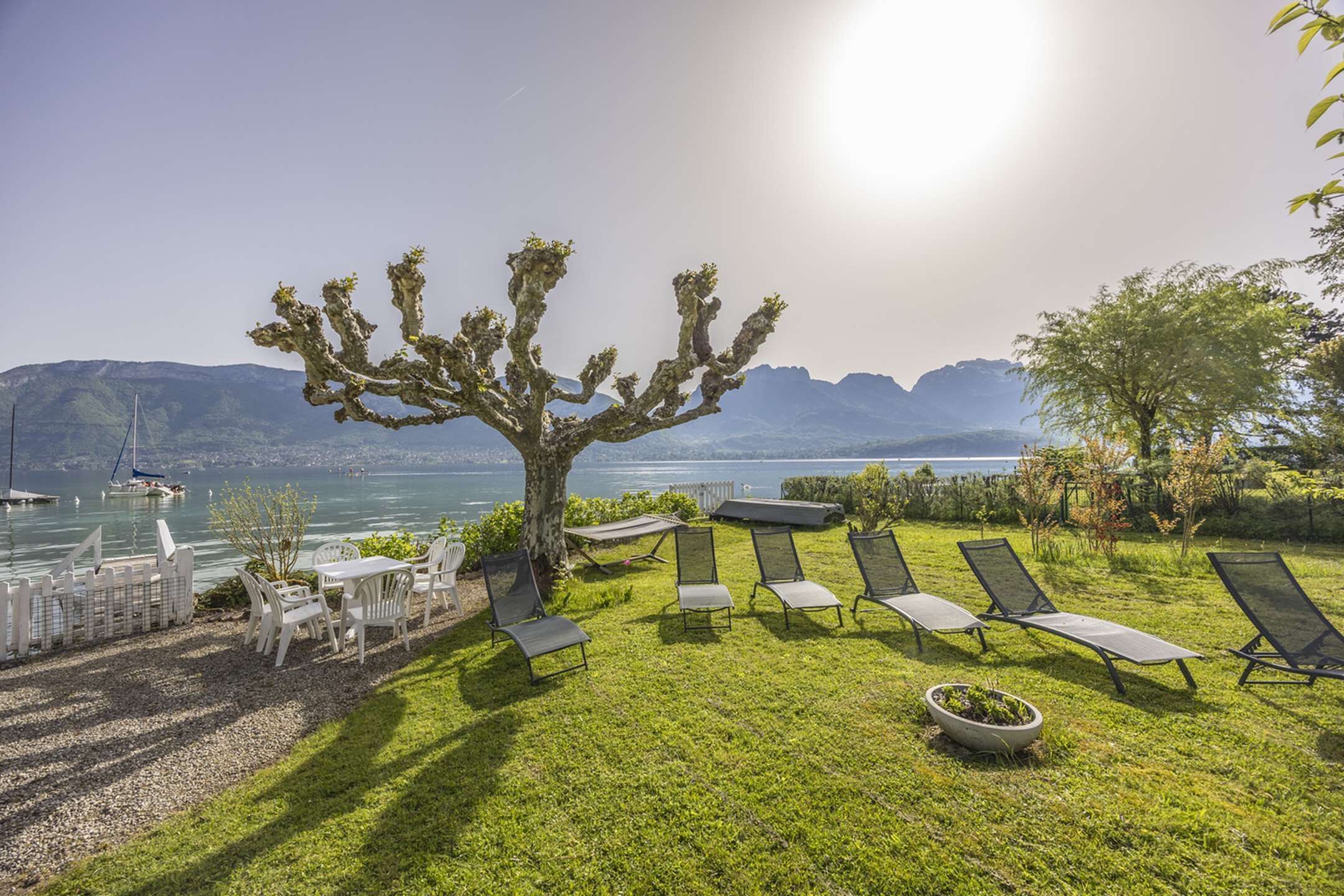 A sunlit outdoor area with a tree, lounge chairs, and a view of a lake and mountains.