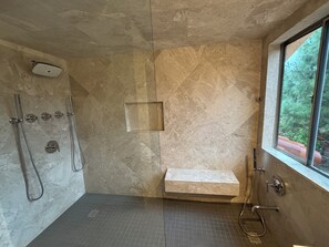 Shower, hair dryer, towels, soap
