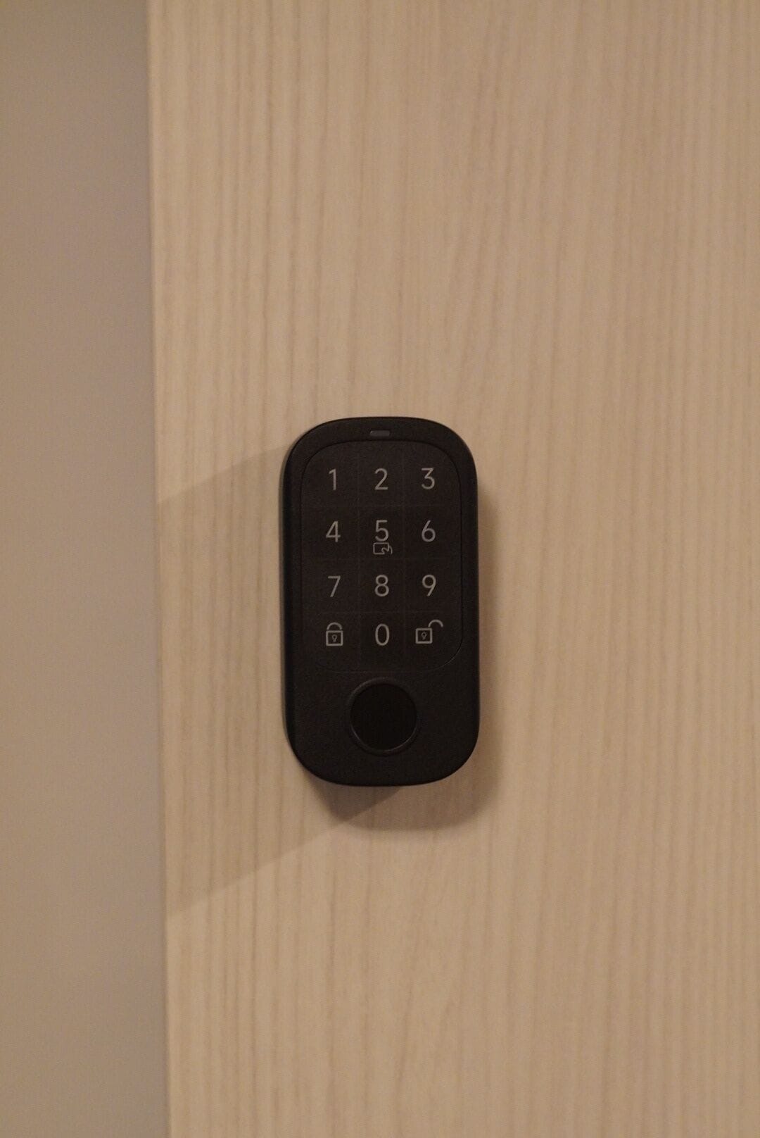 A black numeric keypad mounted on a wooden door.