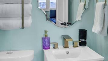 Shower, hair dryer, shampoo