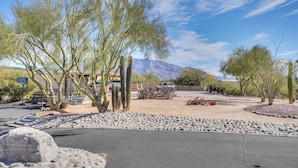 A parking area with a paved surface, surrounded by desert vegetation and a mountain in the background. - Walkable Studio w/ Patio in Tucson! (Tucson)
