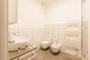 Shower, hair dryer, bidet, towels