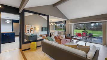 TV connectée, cheminée, livres