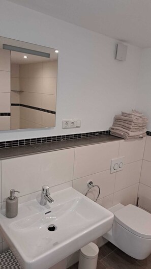 Shower, hair dryer, towels