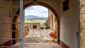 A stone pathway leading to an arched doorway with a view of a vineyard and hills in the distance. - In The Heart Of Chianti, Pool, Wifi, View (Lilliano)
