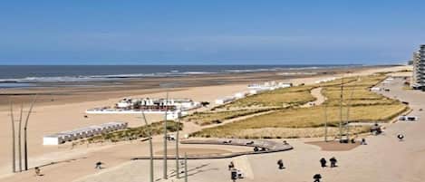 Une promenade en bord de mer avec une plage de sable, un sentier sinueux et quelques personnes qui se promènent.