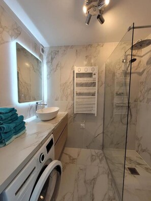 Hair dryer, towels, soap, toilet paper