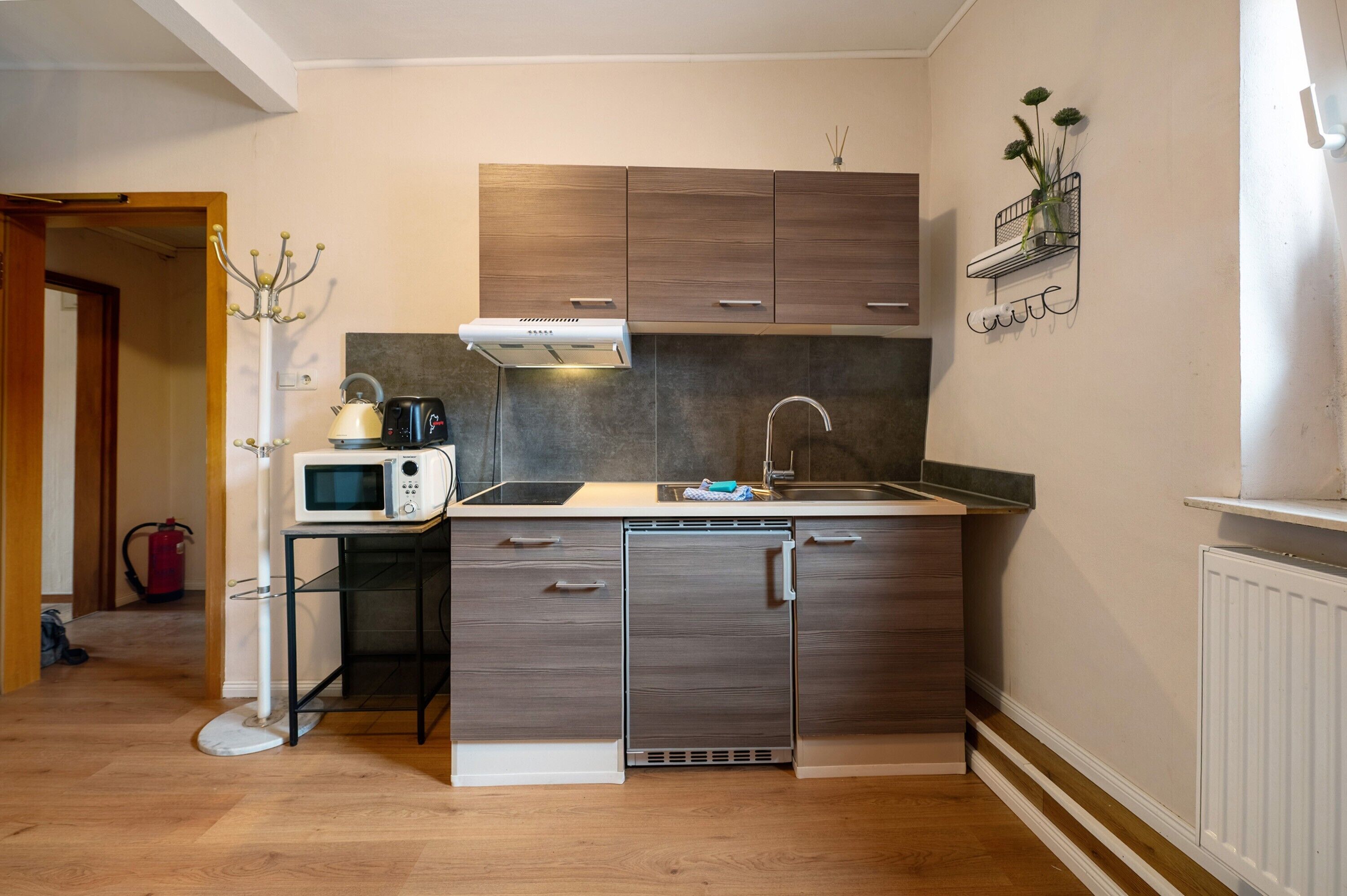 Kühlschrank, Mikrowelle, Herdplatte, Wasserkocher