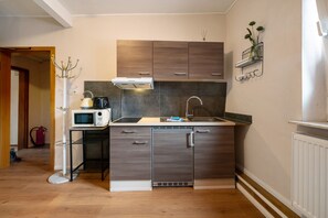 Fridge, microwave, stovetop, electric kettle