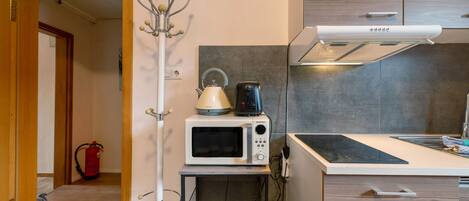Fridge, microwave, stovetop, electric kettle