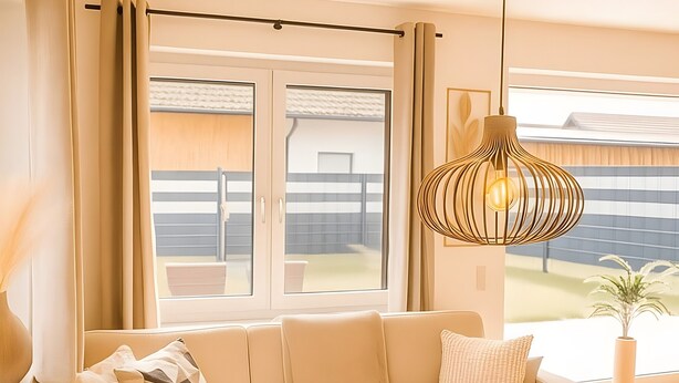 Een moderne woonkamer met een bank, een salontafel en een hanglamp.