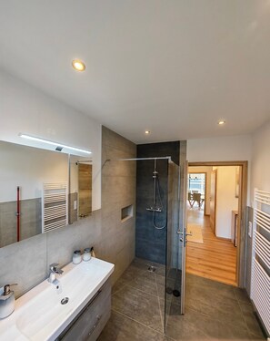 Shower, hair dryer, towels